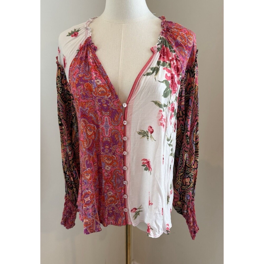 Free People Gemini Blouse Vintage Combo pink white floral paisley size XS
